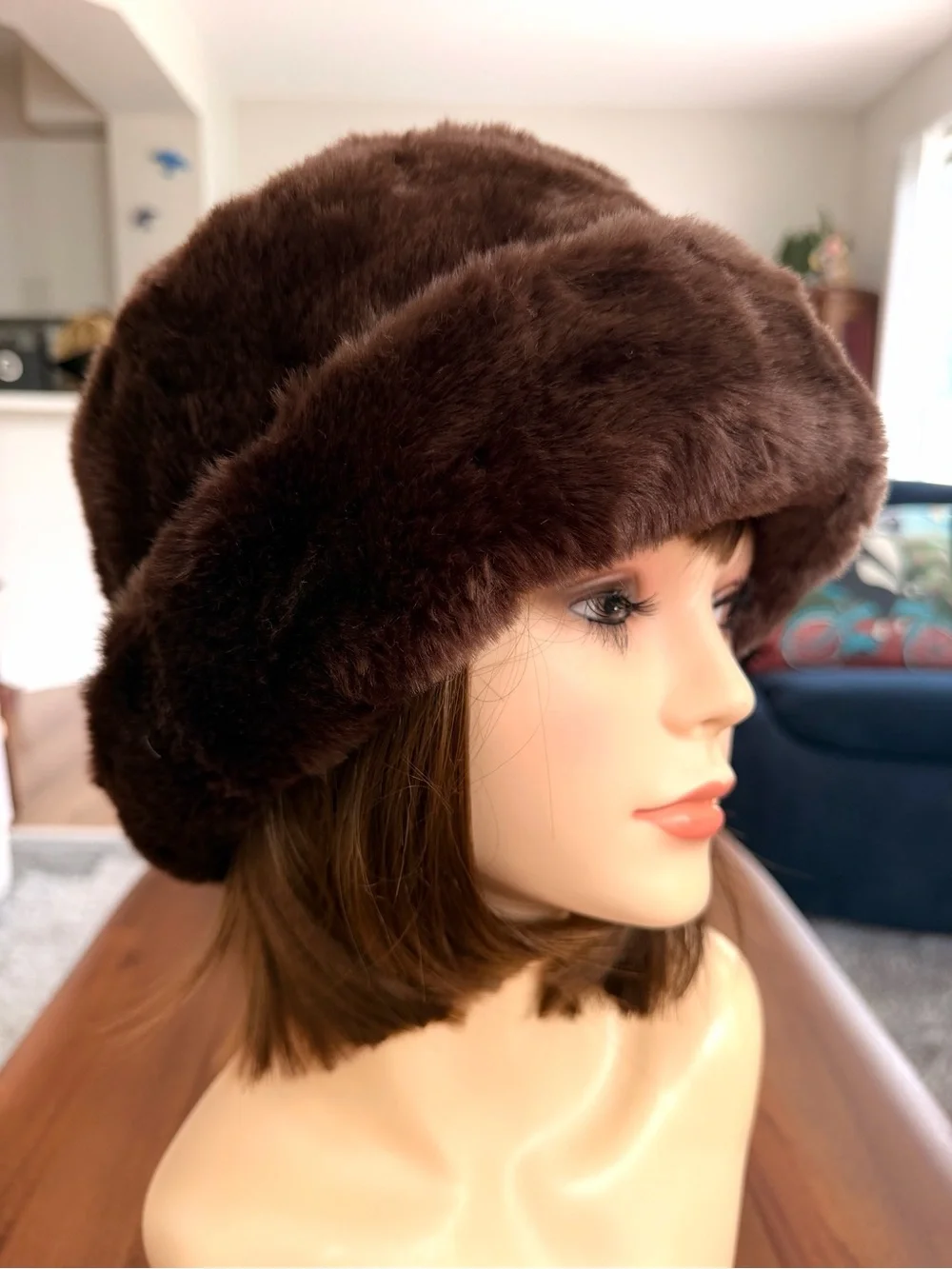Chocolate Brown Faux Fur Bucket Cloche Hat Retro Winter Plush